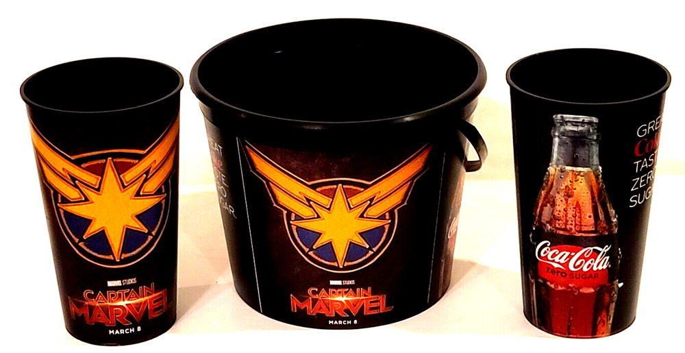 CAPTAIN MARVEL Theater Popcorn Bucket and Two 40 Ounce Cups BPA Free Plastic